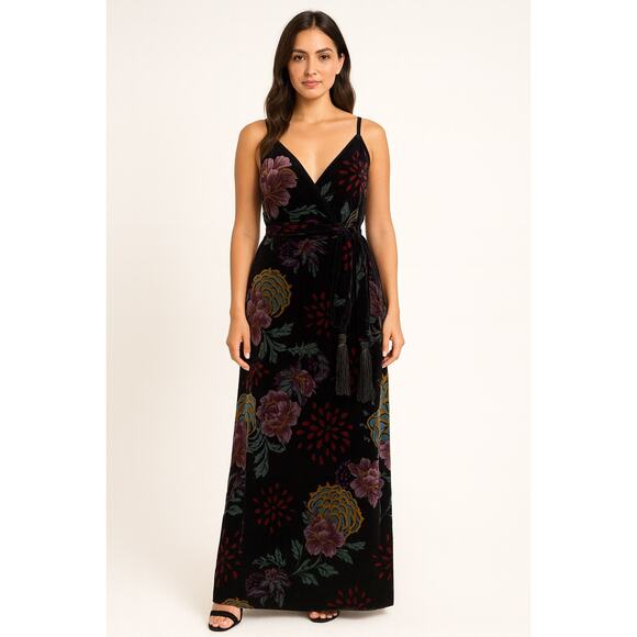 Velvet Floral Velvet Wrap Maxi Dress Fringed Sash by Lundry black red 10 - Picture 1 of 16